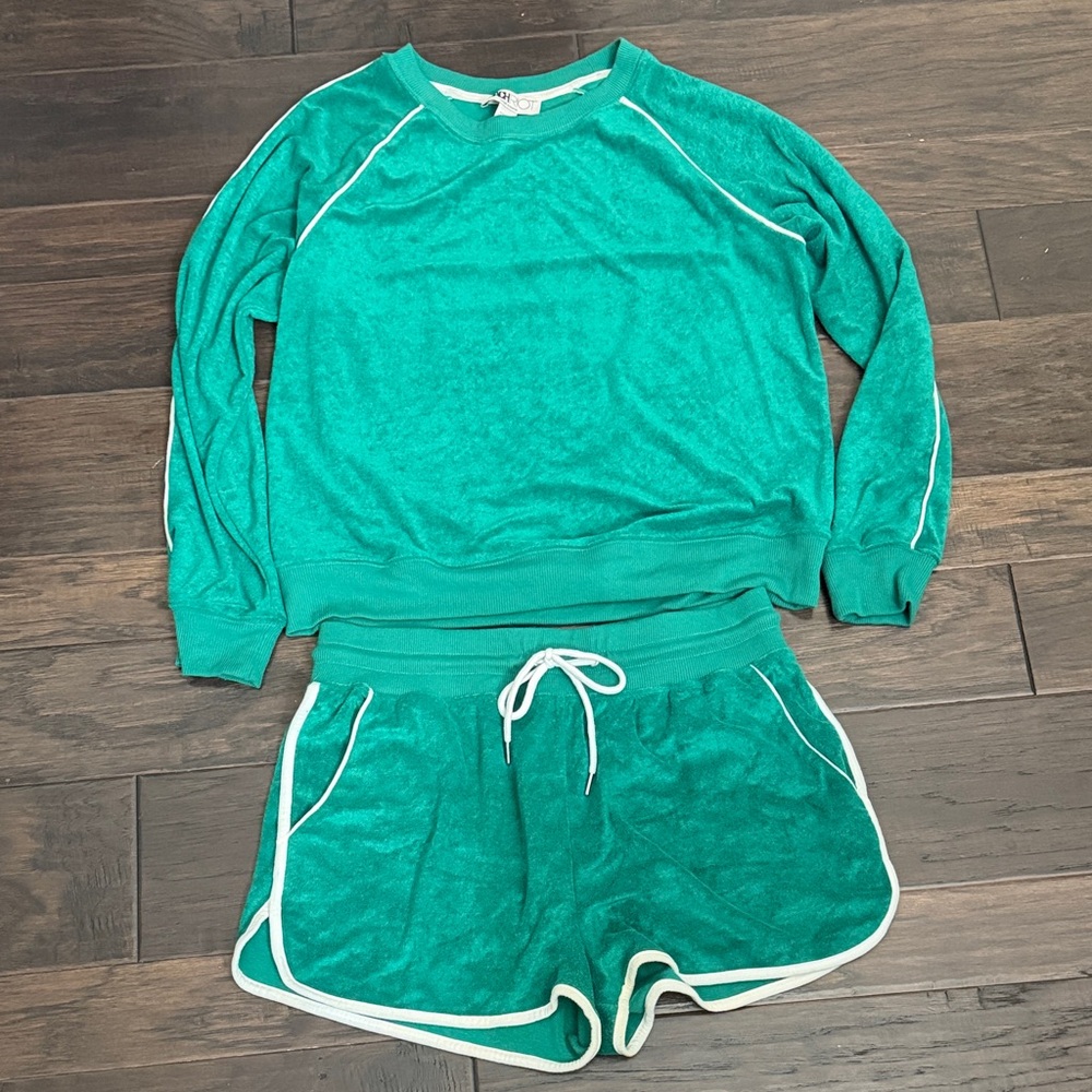 Beach Riot Teal Green Terry Lounge Set with White Trim